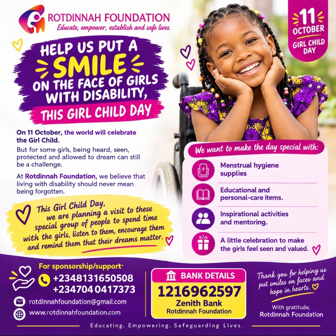 Rotdinnah Foundation Girl Child Day flyer — 11 October, help put a smile on the face of girls with disability